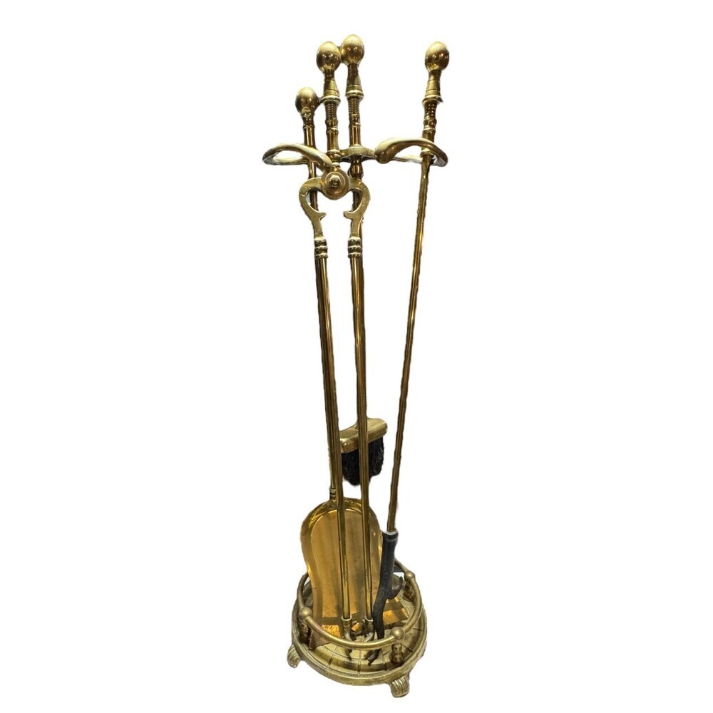 Fireplace Tool Set Brass & Mix 5pc w/ Stand Poker Tongs Shovel Brush Hearth VTG